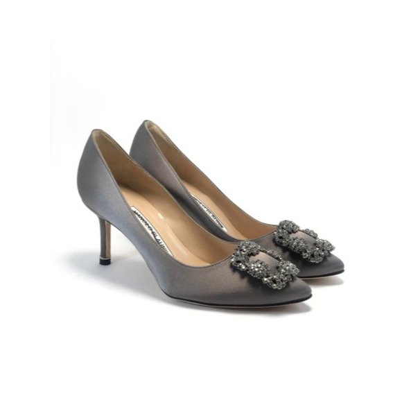 Manolo Blahnik  Hangisi Dark Gray Satin Jeweled Buckle heels Pumps - Picture 1 of 10